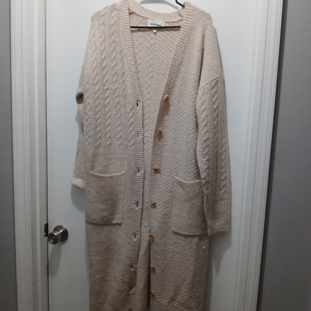 Heartloom Long, Button Down Cable Knit Cream/Tan Cardigan Sweater